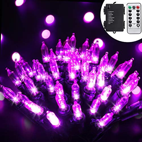 RECESKY 100 LED Battery String Lights with Remote and Timer - 33ft Halloween String Lights for Outdoor, Indoor Decor - Clear Mini Bulb Lighting for Garden, House, Halloween Party Decorations (Purple)