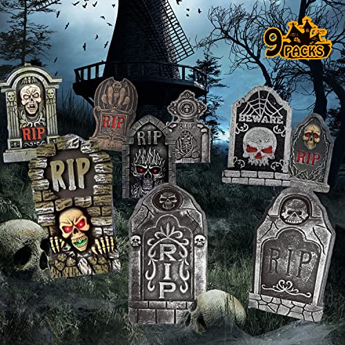 9PCS Halloween RIP Graveyard Tombstones Yard Decorations, Halloween Yard Signs with Stakes, Halloween Decorations Outdoor Large Size Scary Waterproof for Lawns/Entrances/Backyards/Garden