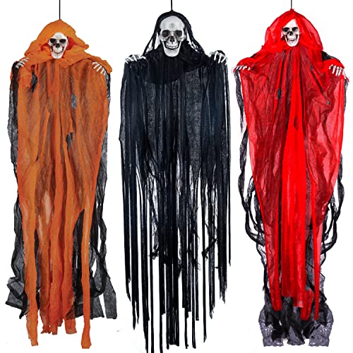 Halloween Hanging Grim Reapers (3 Pack), One 35.4” and Two 27.6” Halloween Grim Reapers, Halloween Skeleton Flying Ghost for Haunted House Prop Décor, Halloween Outdoor Indoor Decor