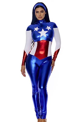 Forplay Women's Petite Star Spangled Hero Catsuit with Stripe Waist and Headband, Royal, Small/Medium