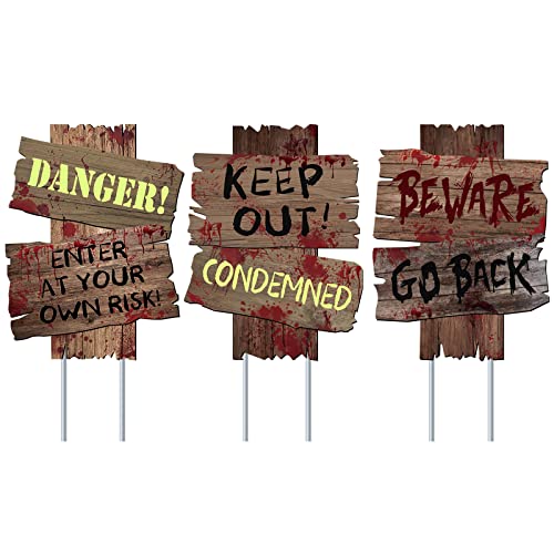 GABOSS Halloween Decorations Beware Signs Yard Stakes Outdoor Creepy Assorted Warning Sign,Scary Zombie Theme Party Decor Supplies,3 Pieces,12 Inch x 9 Inch