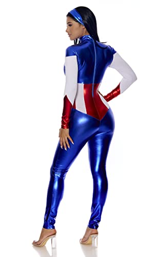 Forplay Women's Petite Star Spangled Hero Catsuit with Stripe Waist and Headband, Royal, Small/Medium