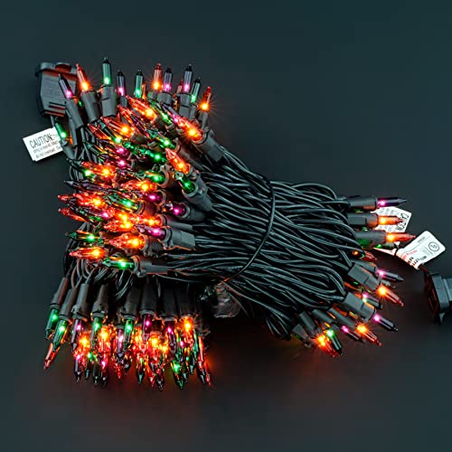 YULETIME Orange Green & Purple Halloween Lights with Black Wire, 66 Feet 200 Count UL Certified Christmas String Lights, Pack of 2 Sets 33 Ft 100 Count Mini Lights Set (Orange, Green & Purple)