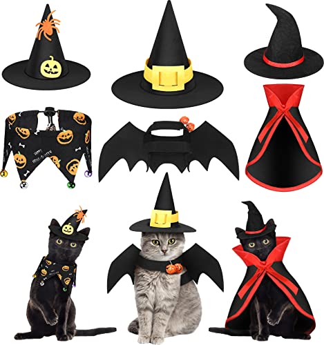 6 Pieces Cat Halloween Costume Cat Bat Wings Costume Cat Witch Costume Cat Wizard Hat Cat Witch Cloak Cat Collar with Bells for Cat Puppy Pet Halloween Party Costume Cosplay Accessories
