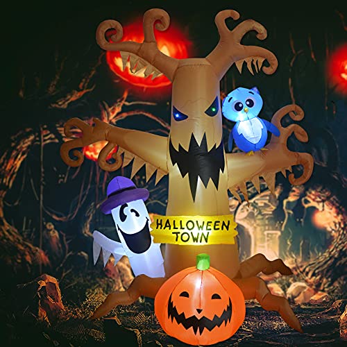 GOOSH 8 FT Halloween Inflatables Outdoor Dead Tree with Ghost, Pumpkin and Owl, Blow Up Yard Decoration Clearance with LED Lights Built-in for Holiday/Party/Yard/Garden