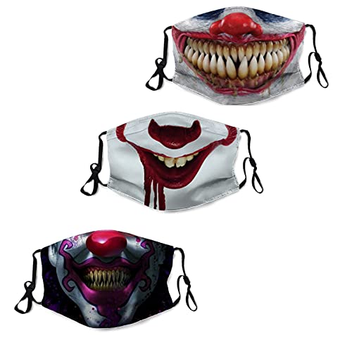 GenericABCDEFG 3Pcs Scary Clown Face Mask, Dustproof Breathable Reusable Adjustable Washable Horrible Smile Mouth Mask with 6 Filters Cool Christmas Winter Gifts for Adults Women Men