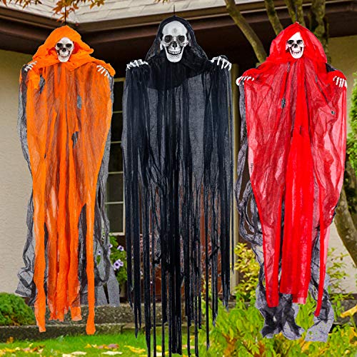 Halloween Hanging Grim Reapers (3 Pack), One 35.4” and Two 27.6” Halloween Grim Reapers, Halloween Skeleton Flying Ghost for Haunted House Prop Décor, Halloween Outdoor Indoor Decor
