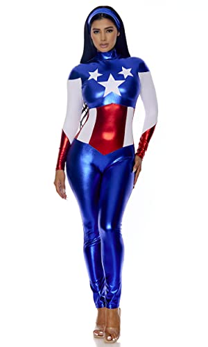Forplay Women's Petite Star Spangled Hero Catsuit with Stripe Waist and Headband, Royal, Small/Medium