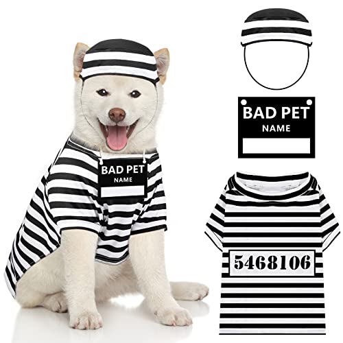 Funny Dog Prisoner Costumes Halloween Dog Prison Pooch Shirts Washable Dog Hat and Card for Halloween Dog Puppy Pet Cosplay (X-Large)
