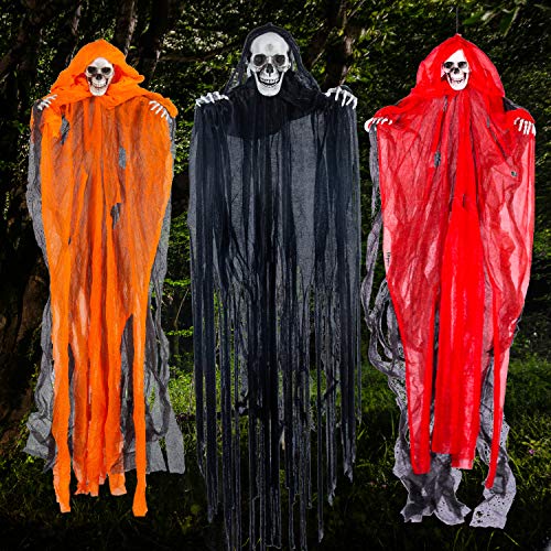 Halloween Hanging Grim Reapers (3 Pack), One 35.4” and Two 27.6” Halloween Grim Reapers, Halloween Skeleton Flying Ghost for Haunted House Prop Décor, Halloween Outdoor Indoor Decor
