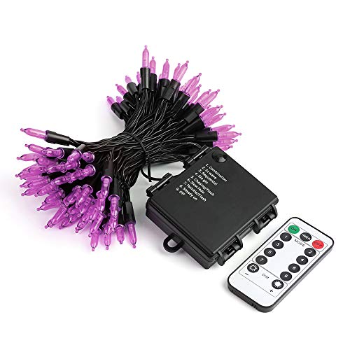 RECESKY 100 LED Battery String Lights with Remote and Timer - 33ft Halloween String Lights for Outdoor, Indoor Decor - Clear Mini Bulb Lighting for Garden, House, Halloween Party Decorations (Purple)