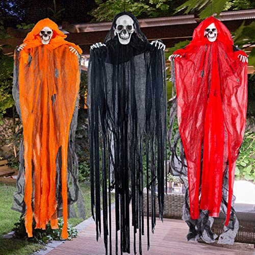 Halloween Hanging Grim Reapers (3 Pack), One 35.4” and Two 27.6” Halloween Grim Reapers, Halloween Skeleton Flying Ghost for Haunted House Prop Décor, Halloween Outdoor Indoor Decor