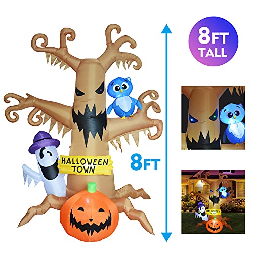 GOOSH 8 FT Halloween Inflatables Outdoor Dead Tree with Ghost, Pumpkin and Owl, Blow Up Yard Decoration Clearance with LED Lights Built-in for Holiday/Party/Yard/Garden
