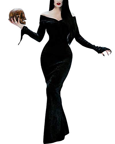 GIKING Women Halloween Morticia Costumes Floor Length Black Addams Costume Crushed 1950s Dress Black M