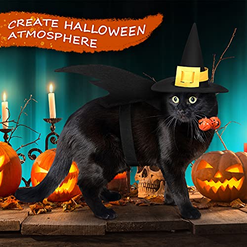 6 Pieces Cat Halloween Costume Cat Bat Wings Costume Cat Witch Costume Cat Wizard Hat Cat Witch Cloak Cat Collar with Bells for Cat Puppy Pet Halloween Party Costume Cosplay Accessories