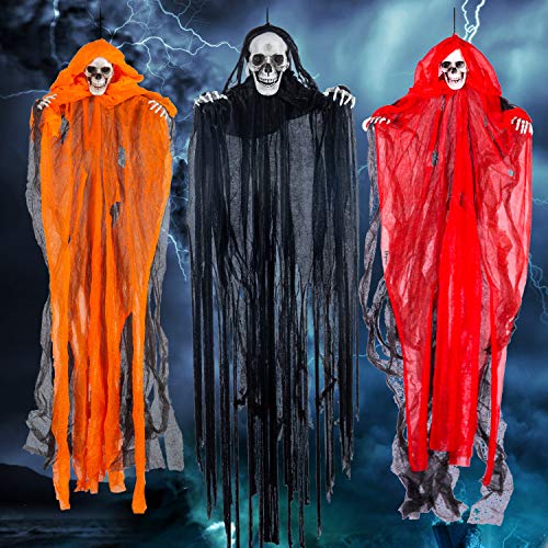 Halloween Hanging Grim Reapers (3 Pack), One 35.4” and Two 27.6” Halloween Grim Reapers, Halloween Skeleton Flying Ghost for Haunted House Prop Décor, Halloween Outdoor Indoor Decor