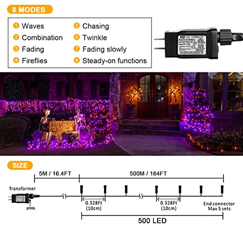 weillsnow 164FT 500 LED Halloween Lights, 8 Modes Waterproof Plug in String Lights for Halloween Indoor Outdoor Yard Party Wedding Garden Home Decorations (Purple & Orange)