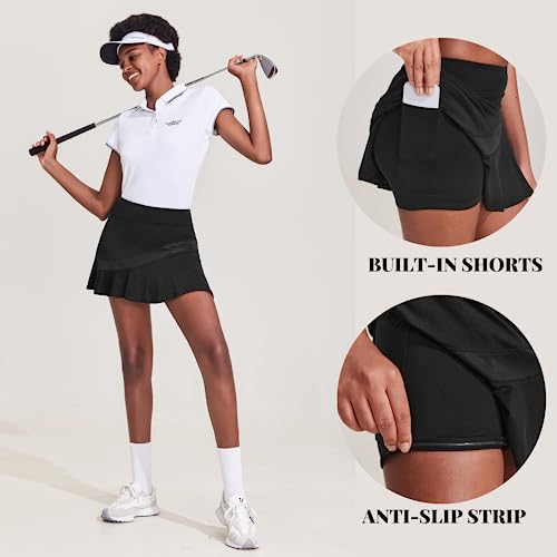 Ekouaer Tennis Skorts for Women Lightweight Black Skirt for Running Tennis Golf Workout Sports
