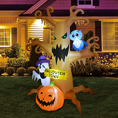 GOOSH 8 FT Halloween Inflatables Outdoor Dead Tree with Ghost, Pumpkin and Owl, Blow Up Yard Decoration Clearance with LED Lights Built-in for Holiday/Party/Yard/Garden
