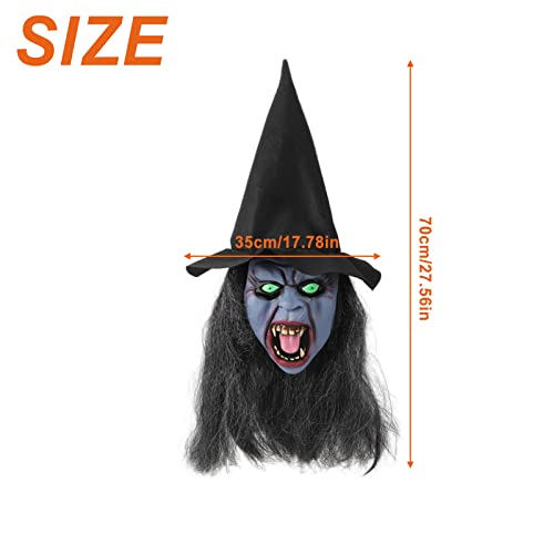 Witch Halloween Mask Latex Witch Mask with Black Hair and Hat, Scary Horror Cosplay Costume Masks Old Witch Dress up for Men Women Party Decoration Props