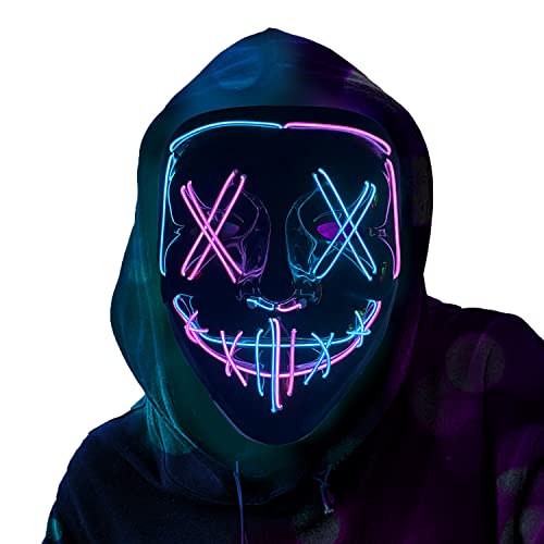 BOMLY Halloween Purge Mask Light Up Scary Mask EL Wire LED Mask for Festival Party Gifts (Blue-Pink)