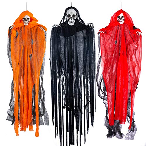 Halloween Hanging Grim Reapers (3 Pack), One 35.4” and Two 27.6” Halloween Grim Reapers, Halloween Skeleton Flying Ghost for Haunted House Prop Décor, Halloween Outdoor Indoor Decor