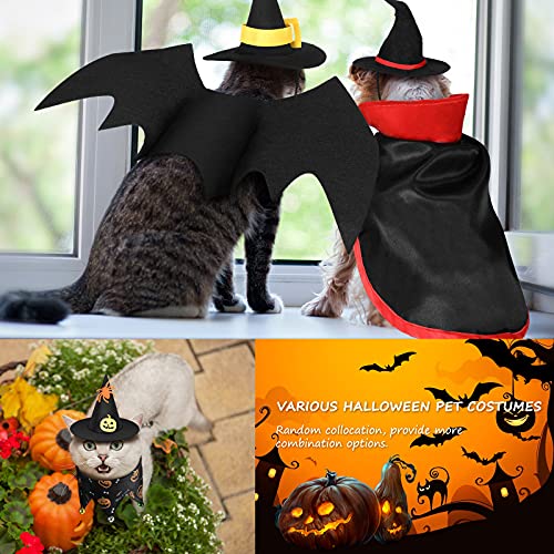 6 Pieces Cat Halloween Costume Cat Bat Wings Costume Cat Witch Costume Cat Wizard Hat Cat Witch Cloak Cat Collar with Bells for Cat Puppy Pet Halloween Party Costume Cosplay Accessories