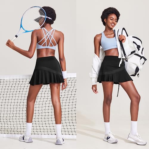 Ekouaer Tennis Skorts for Women Lightweight Black Skirt for Running Tennis Golf Workout Sports