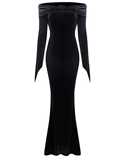 GIKING Women Halloween Morticia Costumes Floor Length Black Addams Costume Crushed 1950s Dress Black M