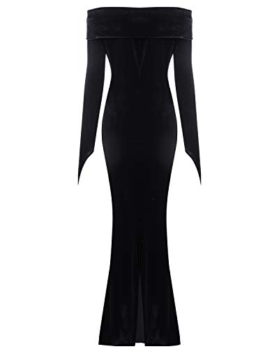 GIKING Women Halloween Morticia Costumes Floor Length Black Addams Costume Crushed 1950s Dress Black M