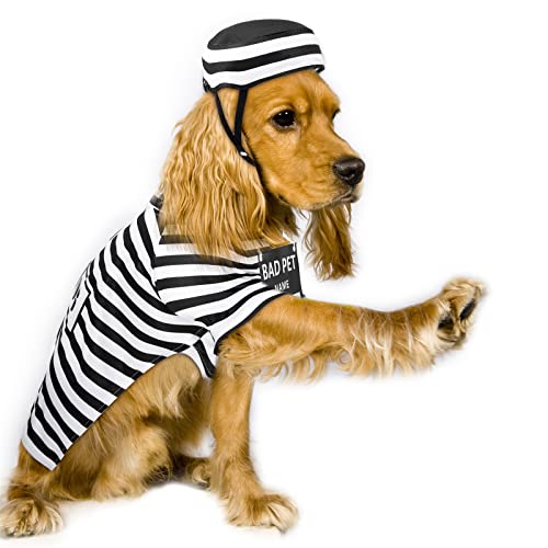 Funny Dog Prisoner Costumes Halloween Dog Prison Pooch Shirts Washable Dog Hat and Card for Halloween Dog Puppy Pet Cosplay (X-Large)