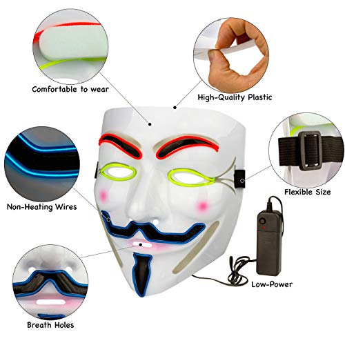 Diximus Halloween Masks LED Mask – V for Vendetta Mask Anonymous Guy Light Up Hacker Mask White