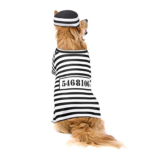 Funny Dog Prisoner Costumes Halloween Dog Prison Pooch Shirts Washable Dog Hat and Card for Halloween Dog Puppy Pet Cosplay (X-Large)