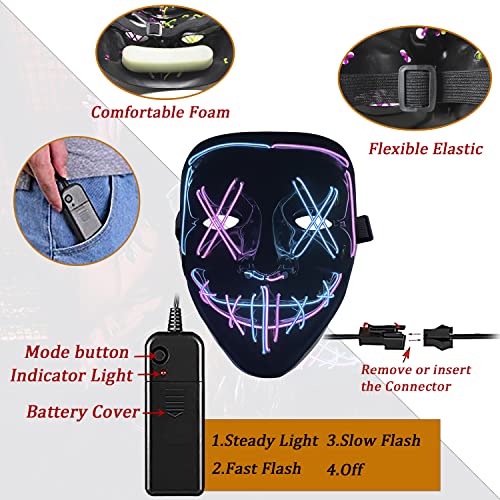 BOMLY Halloween Purge Mask Light Up Scary Mask EL Wire LED Mask for Festival Party Gifts (Blue-Pink)
