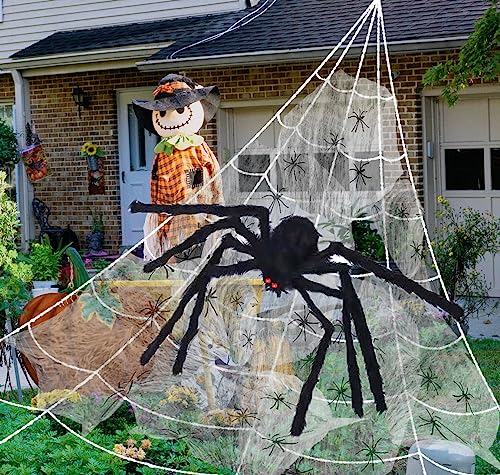COOLJOY 200" Halloween Spider Web and 60" Giant Halloween Spider Halloween Decorations Virtual Realistic Hairy Spider Halloween Outdoor Indoor Decoration