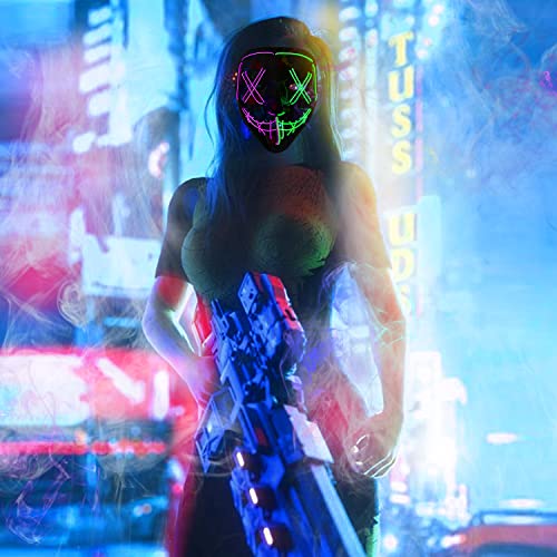 BOMLY Halloween Purge Mask Light Up Scary Mask EL Wire LED Mask for Festival Party Gifts (Green)