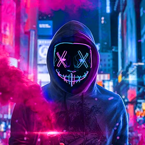 BOMLY Halloween Purge Mask Light Up Scary Mask EL Wire LED Mask for Festival Party Gifts (Blue-Pink)