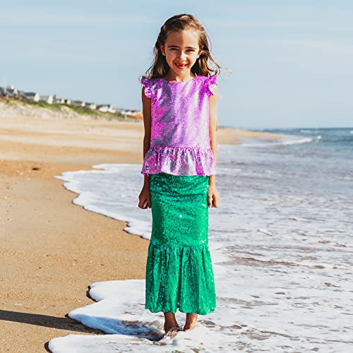 Butterfly Craze Little Girl's Mermaid Costume, Top/Dress with Skirt - Perfect for Birthday Parties, Halloween, School Fairs or Pretend-Play or Dress-Up, Purple Top, Deep Green Skirt, Large (5-6yrs)