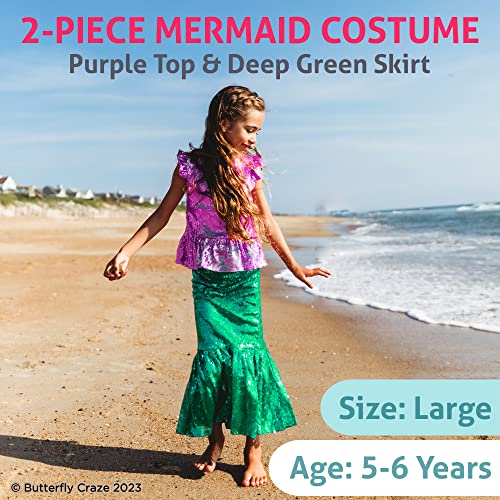 Butterfly Craze Little Girl's Mermaid Costume, Top/Dress with Skirt - Perfect for Birthday Parties, Halloween, School Fairs or Pretend-Play or Dress-Up, Purple Top, Deep Green Skirt, Large (5-6yrs)