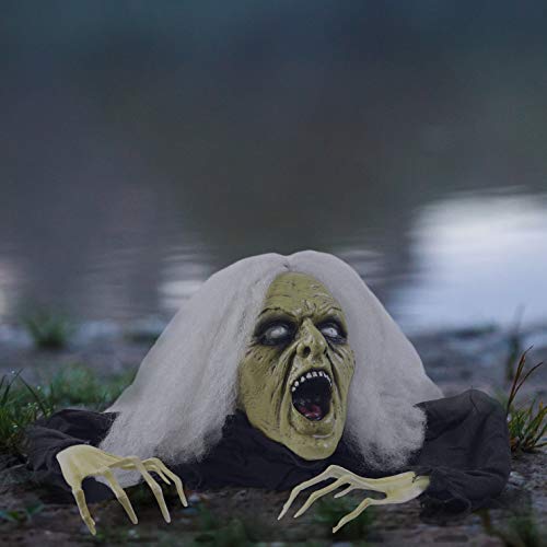 PREXTEX Halloween Decoration Zombie Groundbreaker Gray Haired 66 Inch (5.5 feet) Zombie Skull with Posable Skeletal Hands - Best Halloween Decoration Prop for Garden, Lawn, car, Indoor, Outdoor etc.