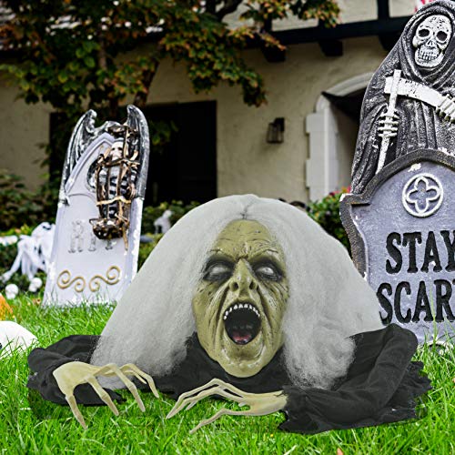 PREXTEX Halloween Decoration Zombie Groundbreaker Gray Haired 66 Inch (5.5 feet) Zombie Skull with Posable Skeletal Hands - Best Halloween Decoration Prop for Garden, Lawn, car, Indoor, Outdoor etc.