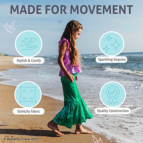 Butterfly Craze Little Girl's Mermaid Costume, Top/Dress with Skirt - Perfect for Birthday Parties, Halloween, School Fairs or Pretend-Play or Dress-Up, Purple Top, Deep Green Skirt, Large (5-6yrs)