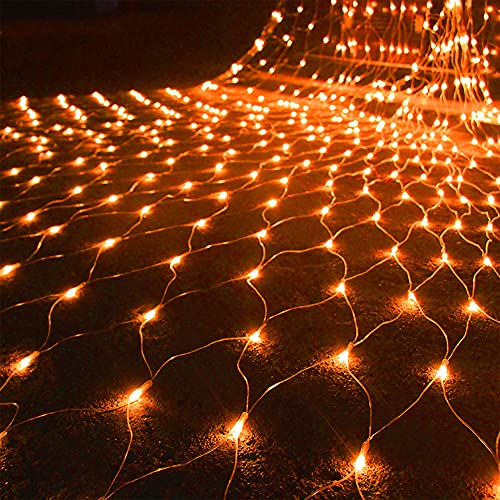 WATERGLIDE Outdoor Halloween Net Lights, 12FT x 5FT 360 LED Fairy String Light with 8 Lighting Modes, Connectable Light Safe Adaptor for Garden Tree, Bushes, Holiday Wedding Party Decorations, Orange