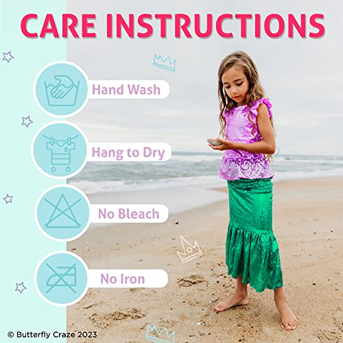 Butterfly Craze Little Girl's Mermaid Costume, Top/Dress with Skirt - Perfect for Birthday Parties, Halloween, School Fairs or Pretend-Play or Dress-Up, Purple Top, Deep Green Skirt, Large (5-6yrs)