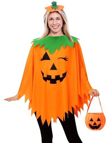 Halloween Pumpkin Poncho Set with Headband & Bag