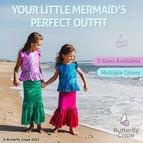Butterfly Craze Little Girl's Mermaid Costume, Top/Dress with Skirt - Perfect for Birthday Parties, Halloween, School Fairs or Pretend-Play or Dress-Up, Purple Top, Deep Green Skirt, Large (5-6yrs)