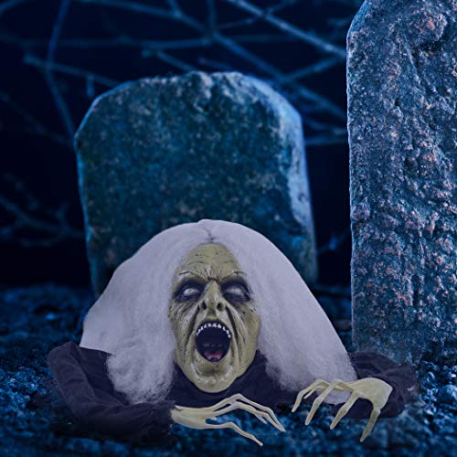 PREXTEX Halloween Decoration Zombie Groundbreaker Gray Haired 66 Inch (5.5 feet) Zombie Skull with Posable Skeletal Hands - Best Halloween Decoration Prop for Garden, Lawn, car, Indoor, Outdoor etc.