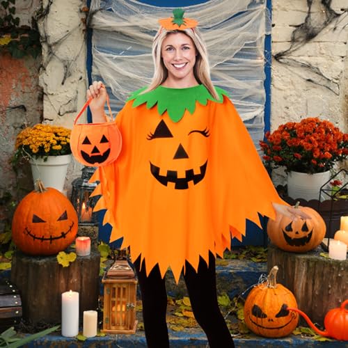 Halloween Pumpkin Poncho Set with Headband & Bag