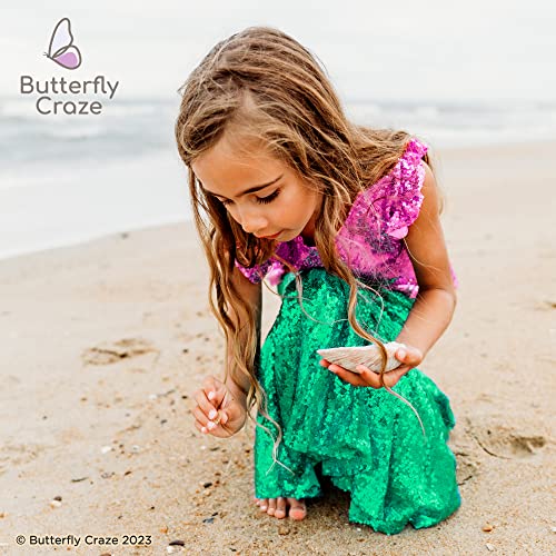 Butterfly Craze Little Girl's Mermaid Costume, Top/Dress with Skirt - Perfect for Birthday Parties, Halloween, School Fairs or Pretend-Play or Dress-Up, Purple Top, Deep Green Skirt, Large (5-6yrs)