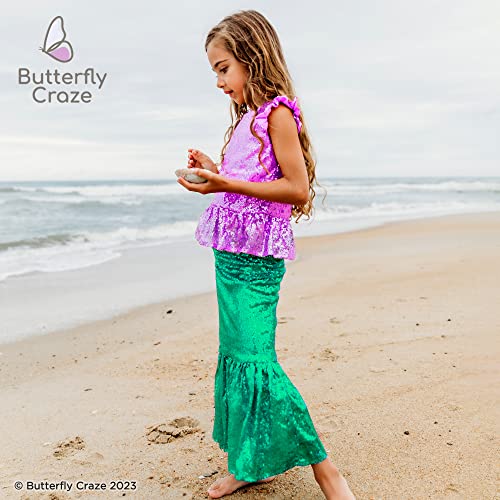 Butterfly Craze Little Girl's Mermaid Costume, Top/Dress with Skirt - Perfect for Birthday Parties, Halloween, School Fairs or Pretend-Play or Dress-Up, Purple Top, Deep Green Skirt, Large (5-6yrs)